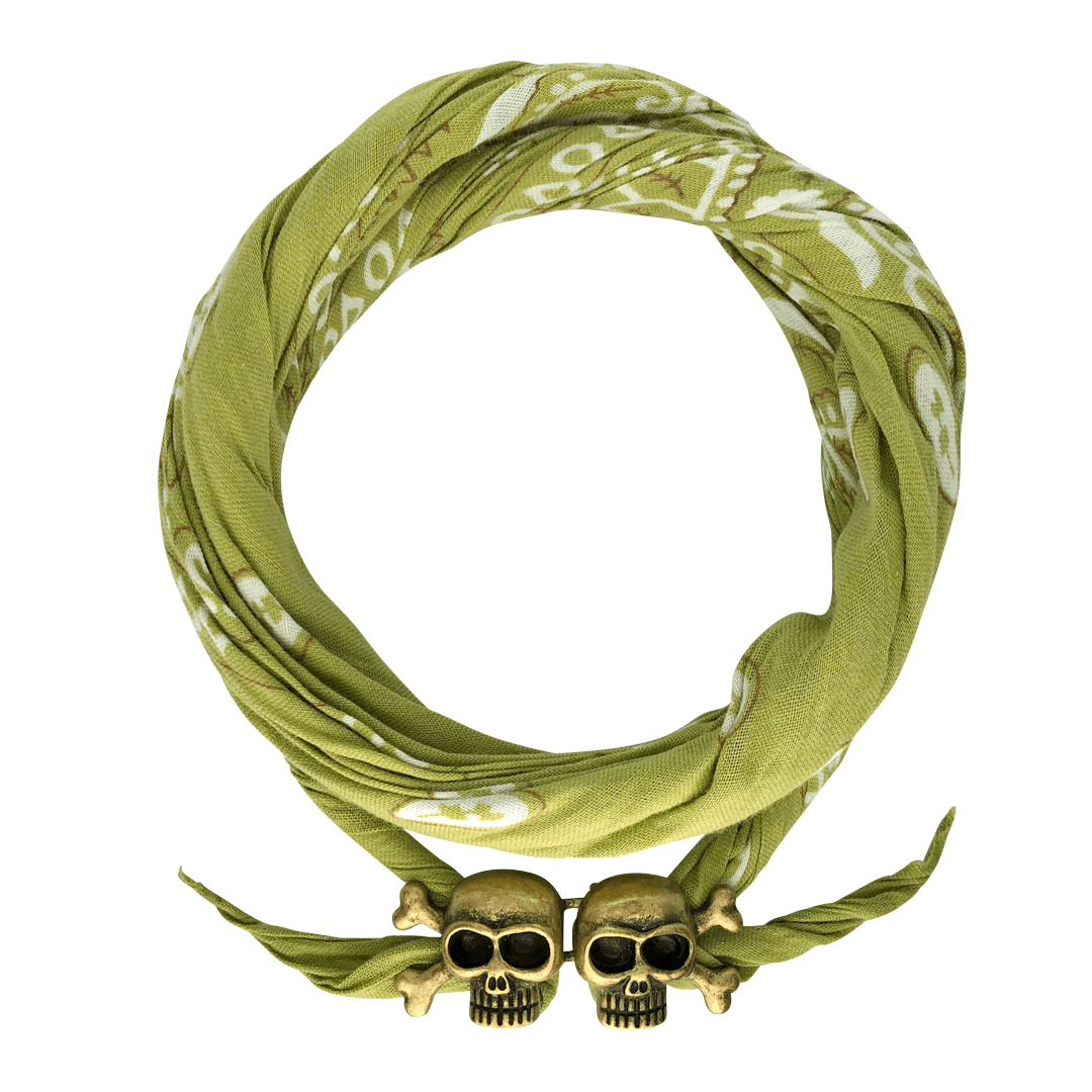 Green bandana with white patterns and metal skull and crossbones accent