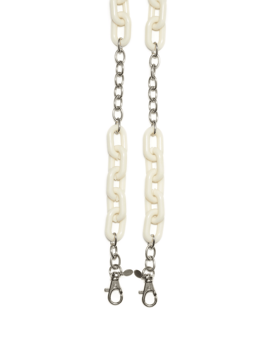 Beige plastic and silver metal chain with lobster claw clasps on white background