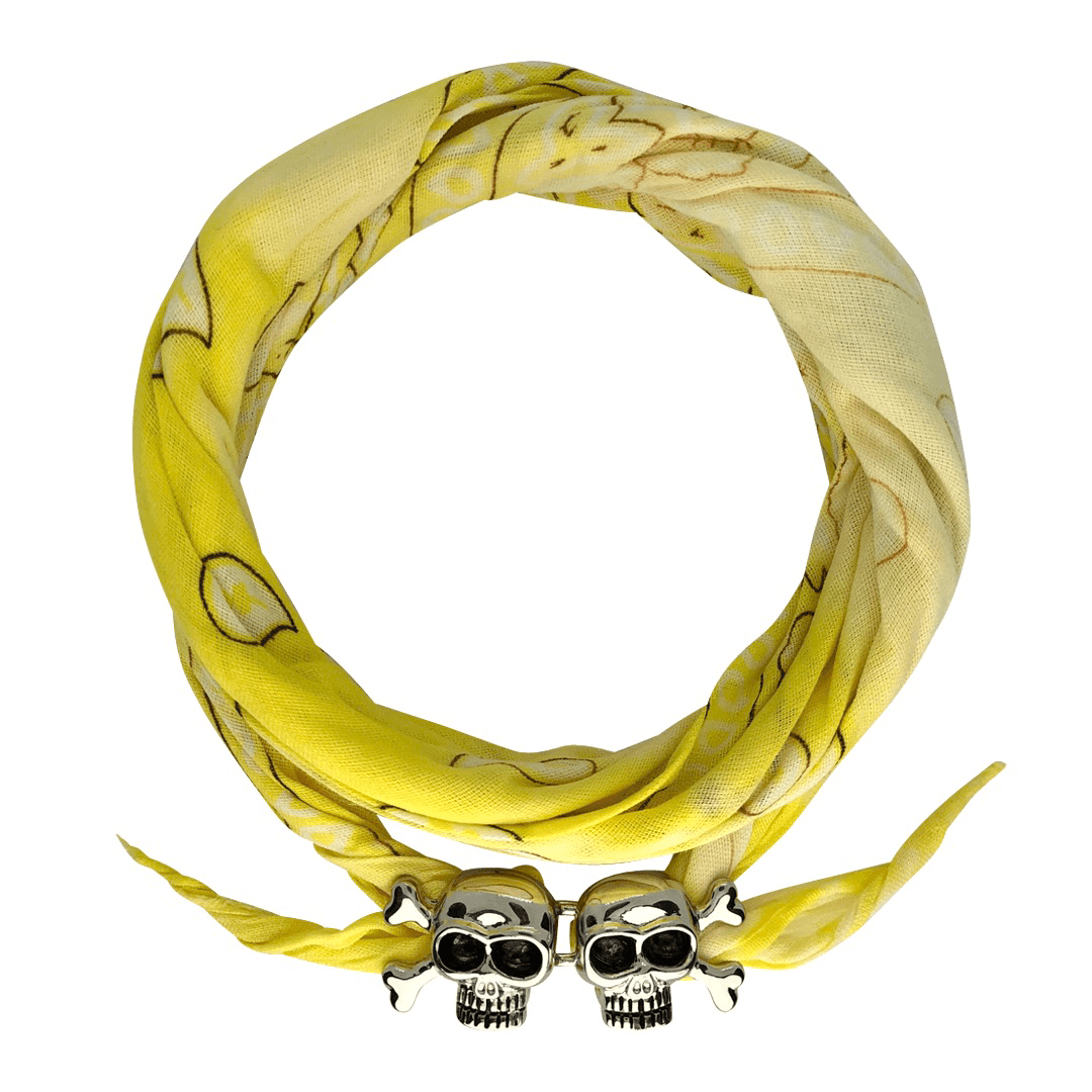 Yellow patterned bandana with silver skull and crossbones clasp on white background
