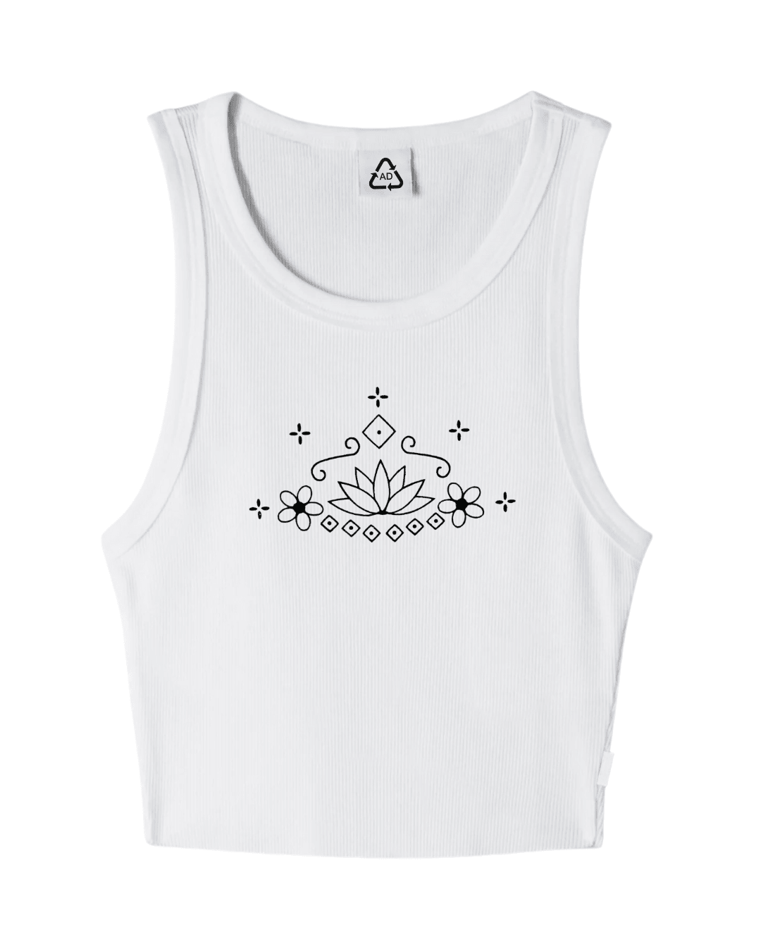 white ribbed crop tank top with black lotus and floral line art design on front