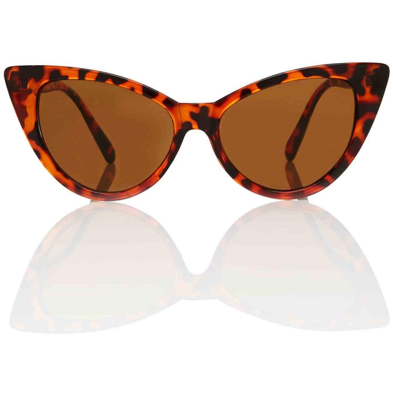 Tortoiseshell plastic cat-eye sunglasses with brown lenses on white background