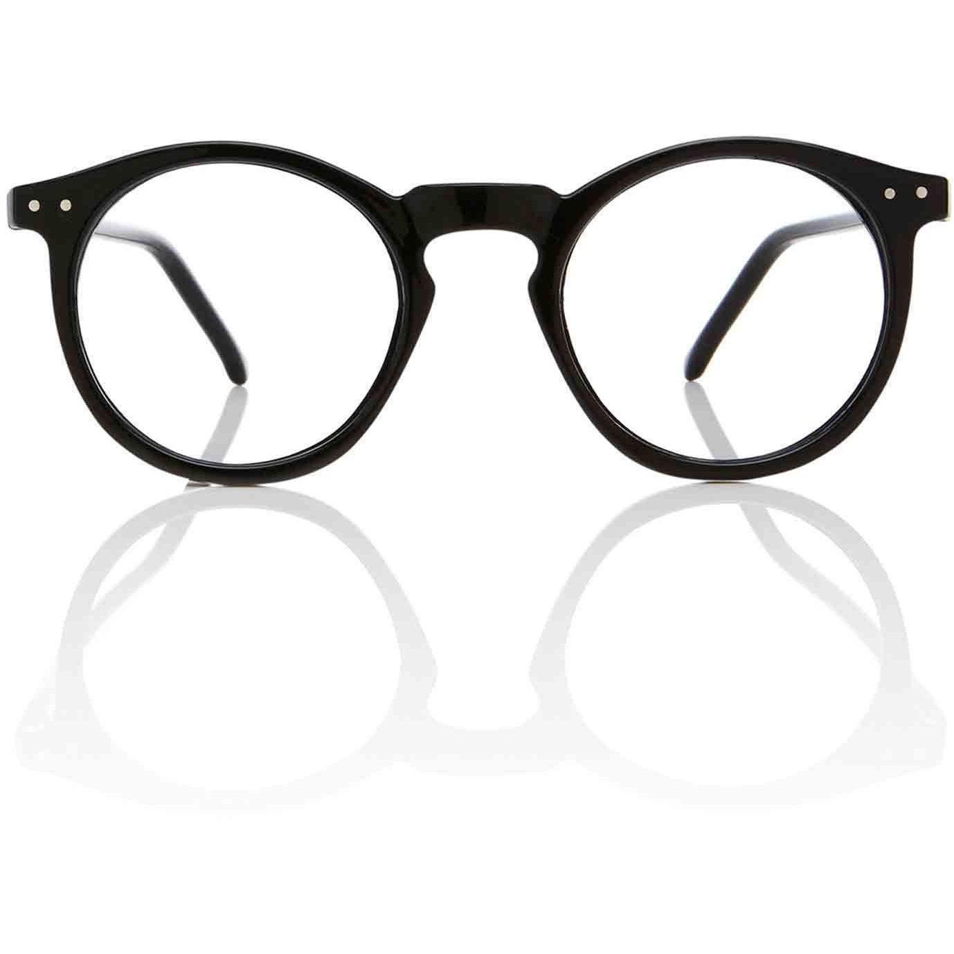 Round black plastic eyeglasses with clear lenses on a white background