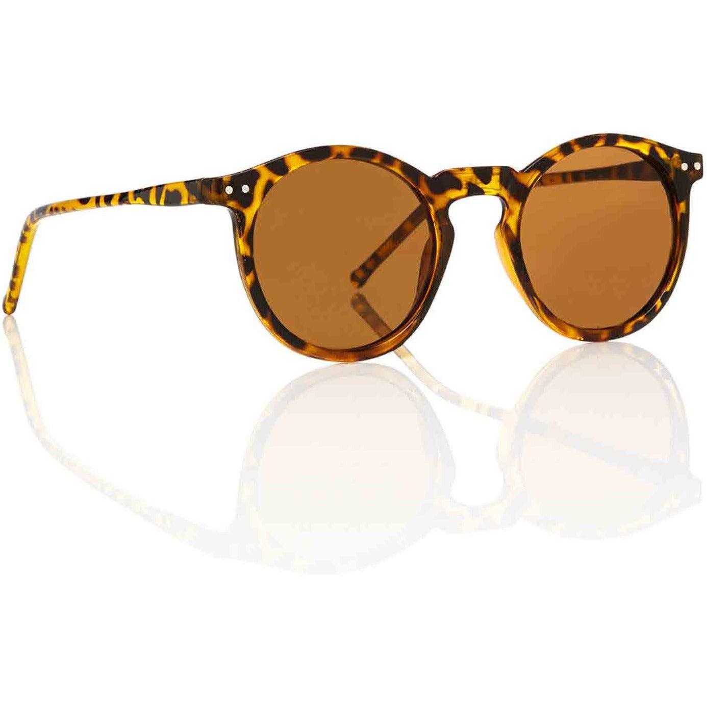 Brown tortoiseshell keyhole sunglasses with round lenses on a white background