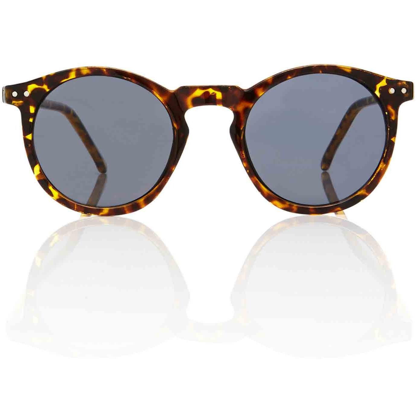 Round tortoiseshell sunglasses with dark lenses on a white background
