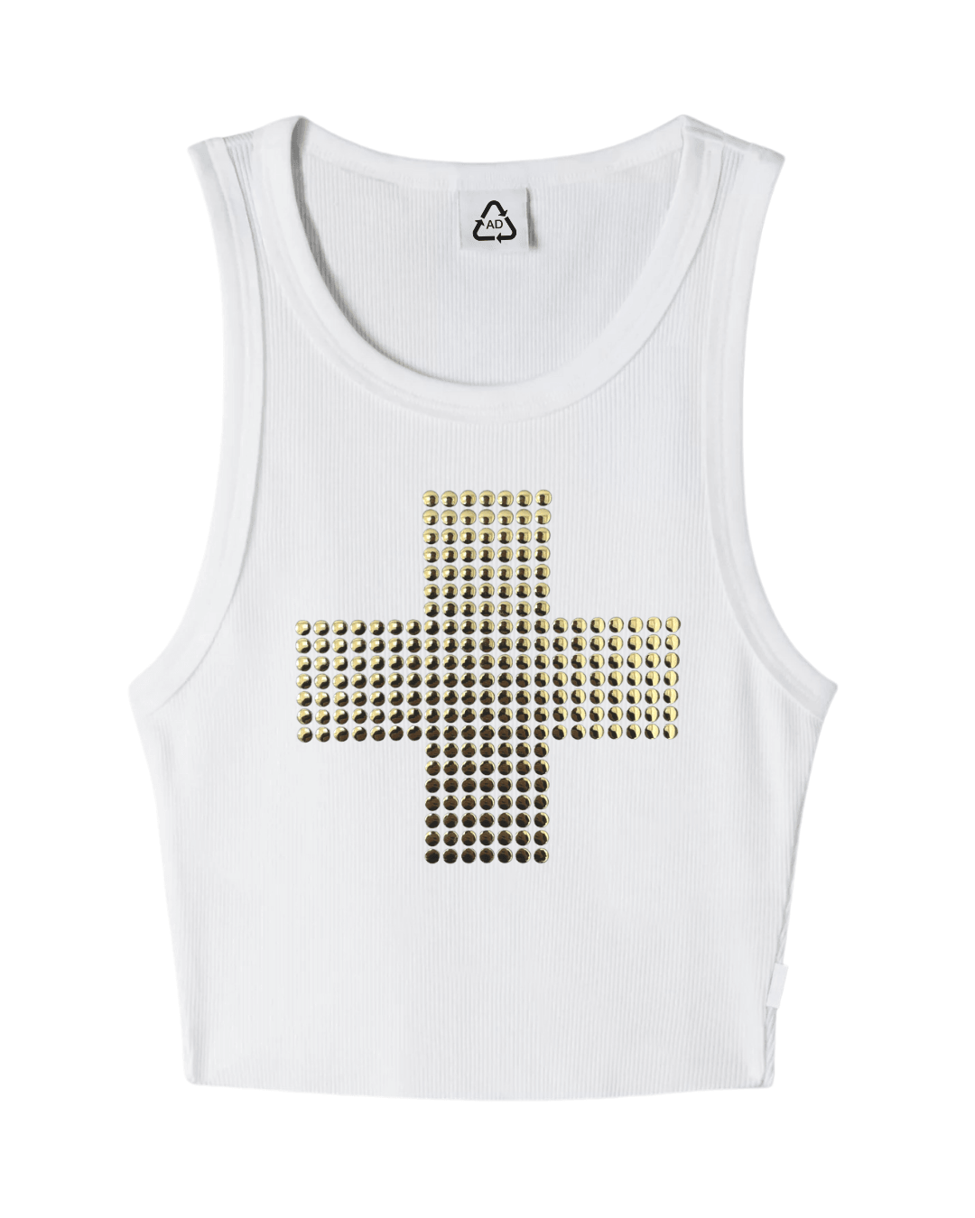 White ribbed tank top with gold studded cross design on front