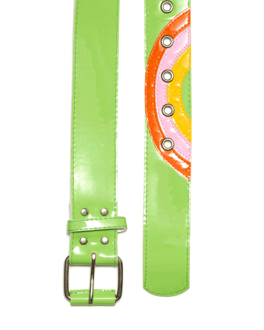 Glossy green belt with silver buckle, rainbow stripes, and metal eyelets on white background.