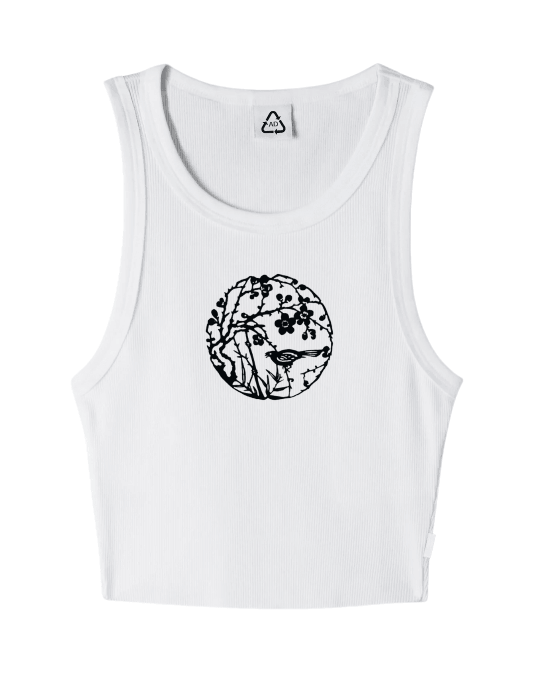 White ribbed tank top with black circular floral and bird graphic on front