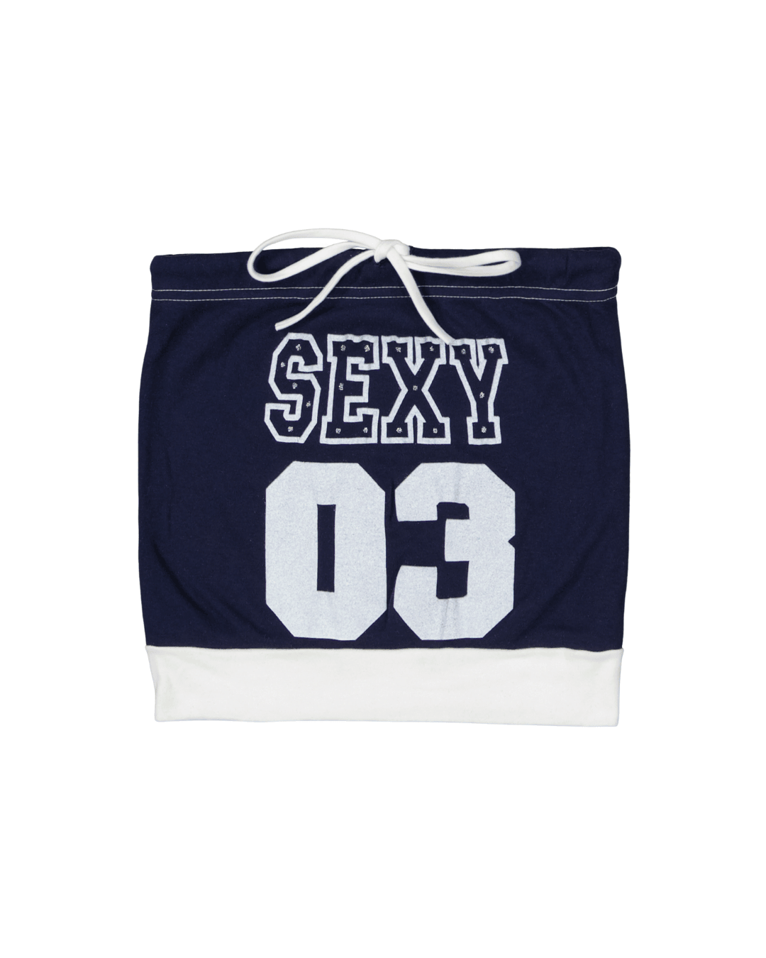 Blue and white tube top with white drawstring and large 'SEXY 03' text on front