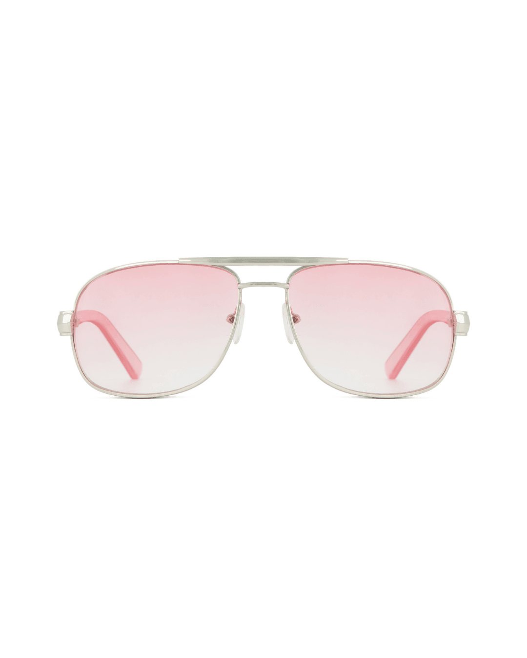 Pink aviator sunglasses with metal frame and gradient pink lenses on a white background