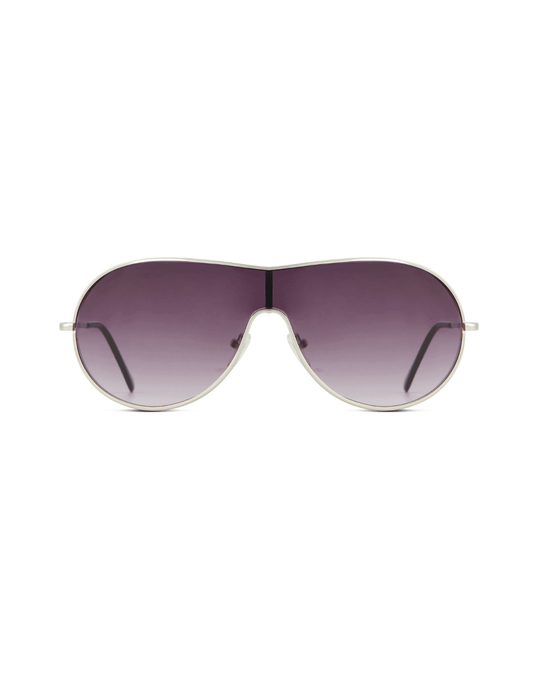 Silver rim aviator sunglasses with purple gradient lenses on a white background