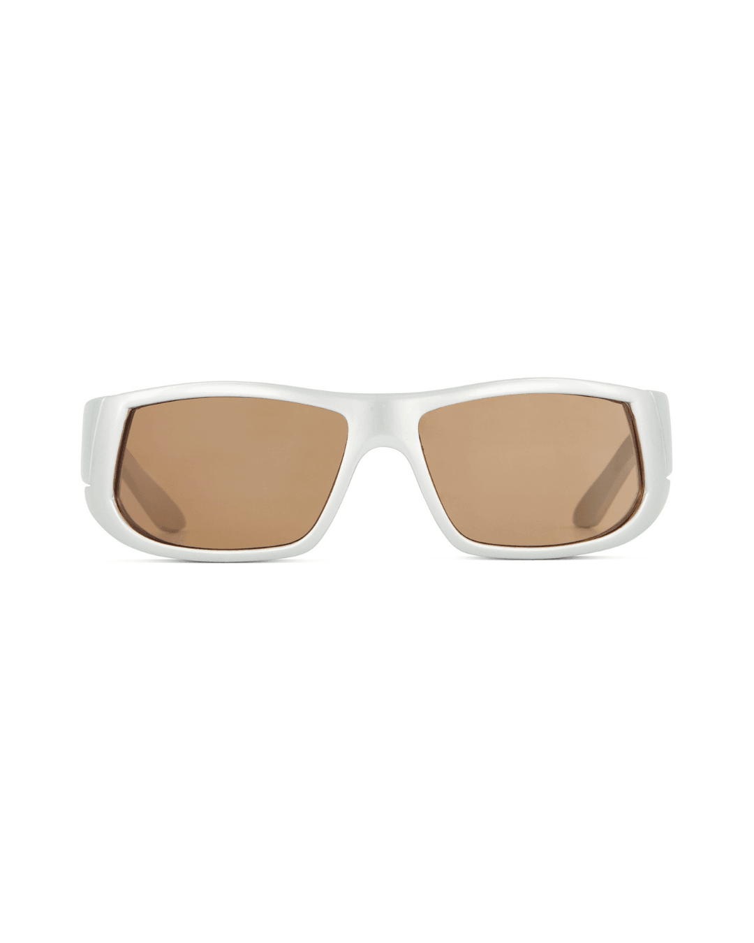 silver plastic sport shield sunglasses with brown tinted lenses on white background