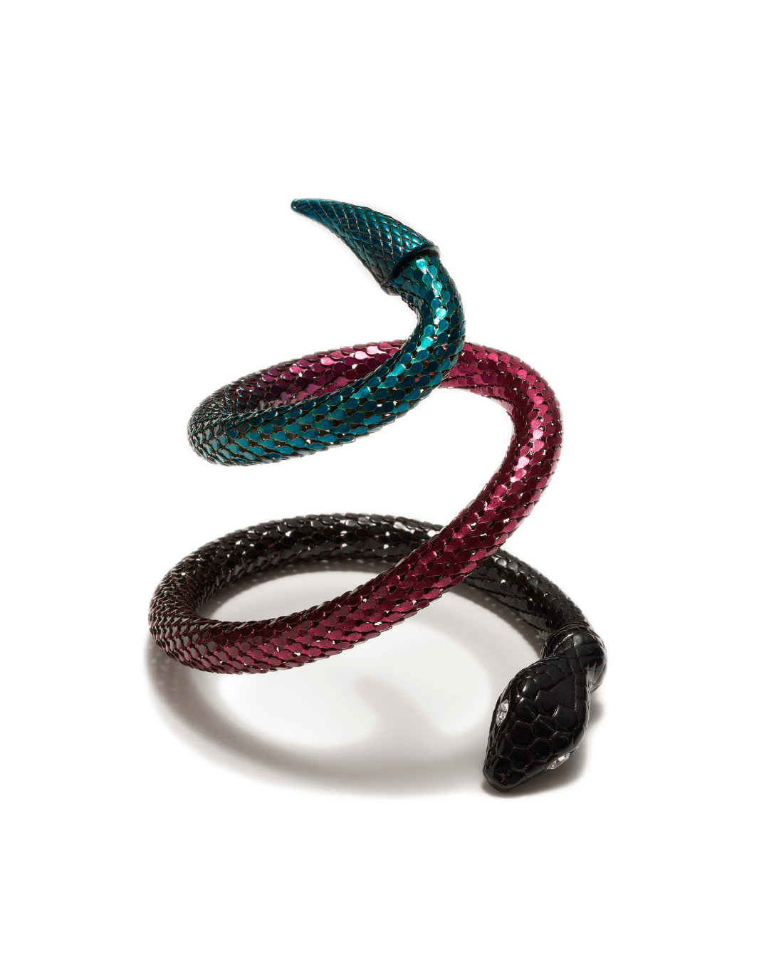 coiled snake-shaped cuff bracelet with metallic blue, pink, and black scales on white background