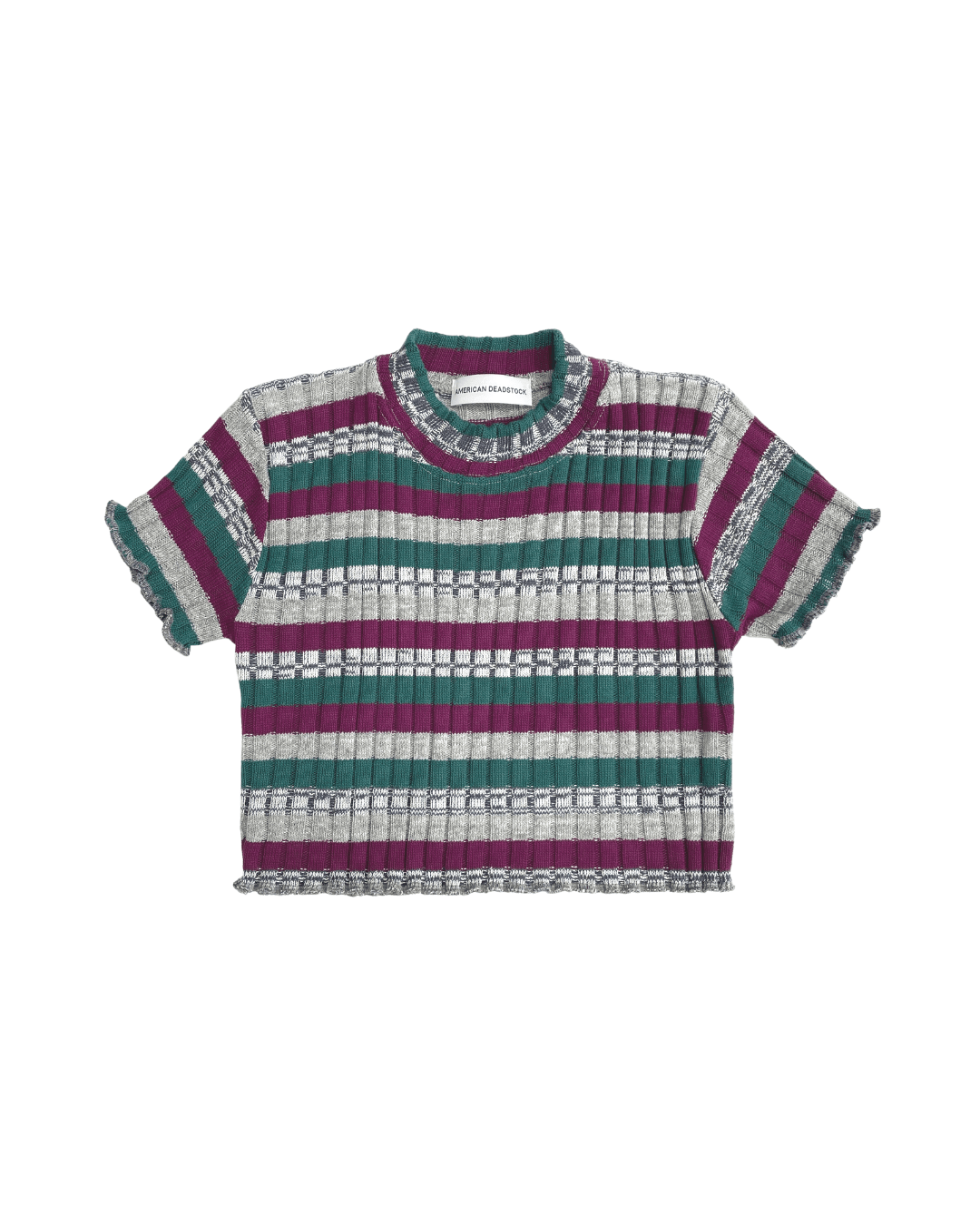 Striped knit crop top with short sleeves in grey, purple, and green on white background