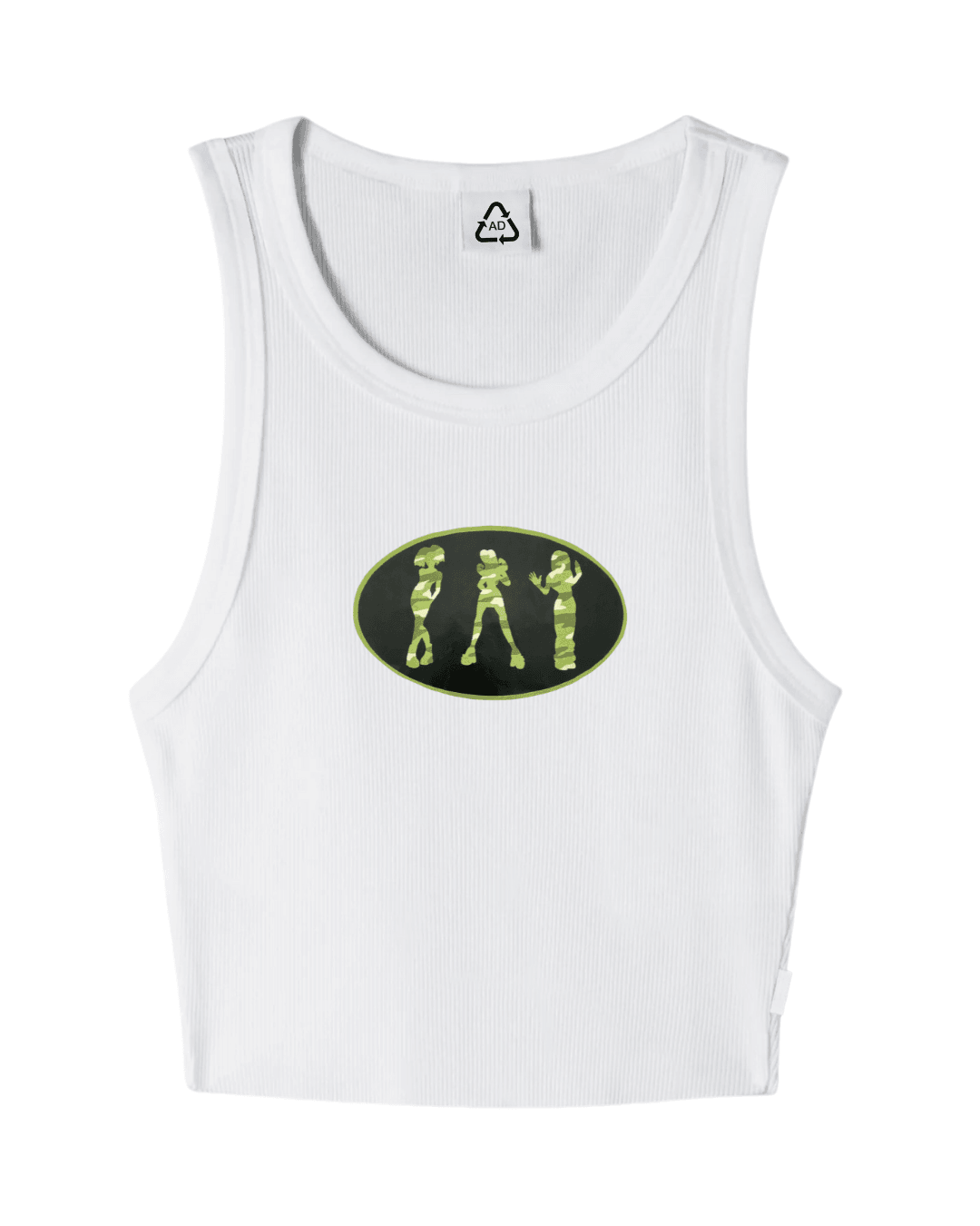 White ribbed tank top with green camouflage graphic of three standing figures on the chest