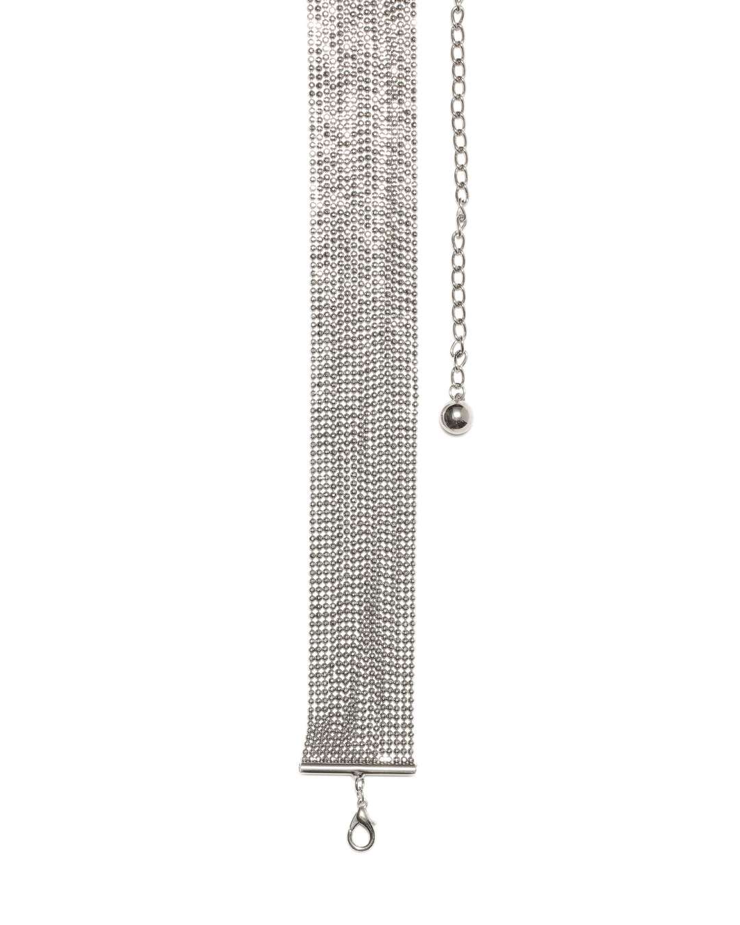 Silver metal chain belt with layered strands and lobster clasp on white background.