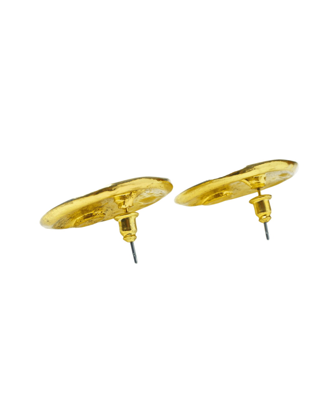pair of round gold-tone metal coin stud earrings with post backs on white background
