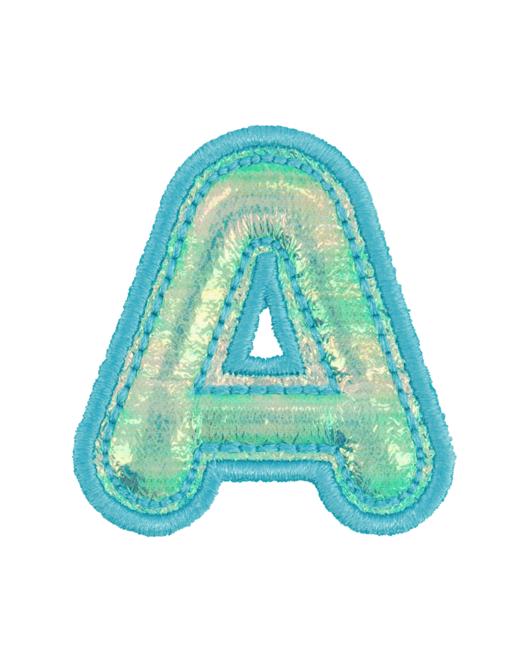 Blue iridescent puffy letter A patch with stitched border on white background