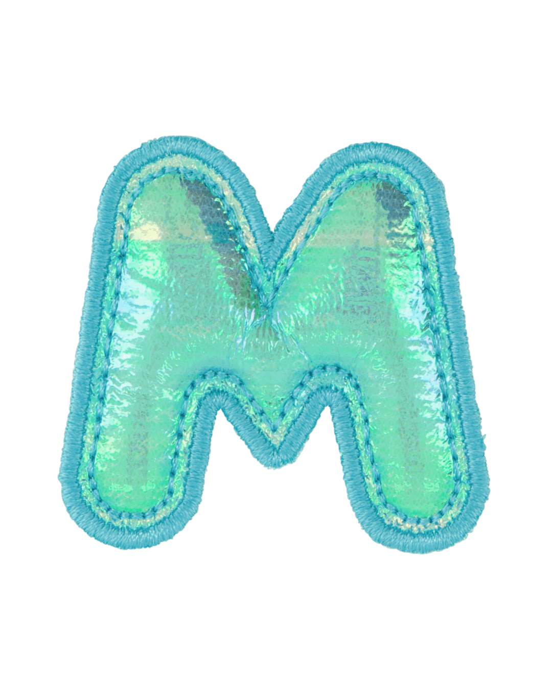 blue holographic puffy letter M patch with stitched edges on white background