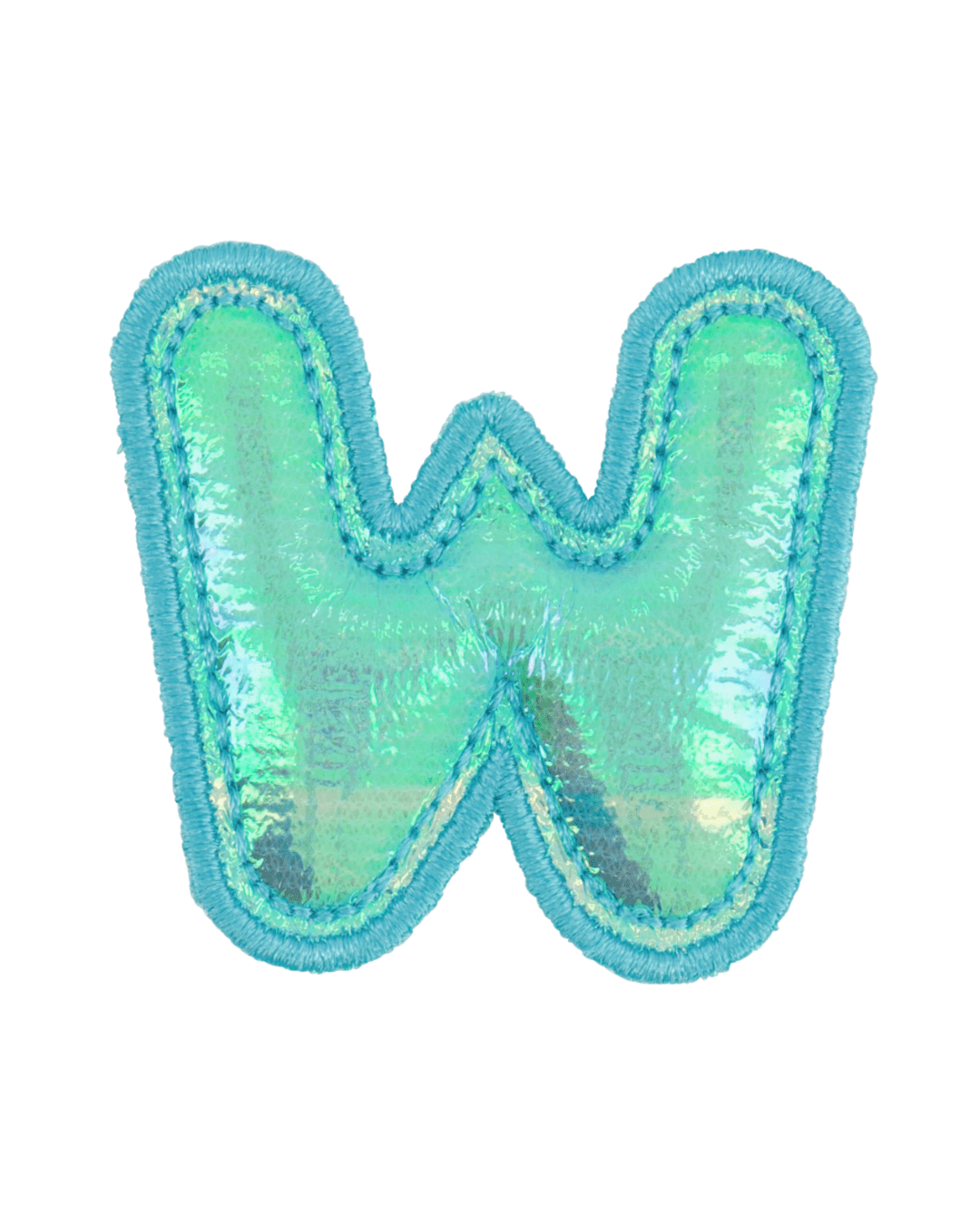 blue holographic puffy letter W patch with stitched edges on white background