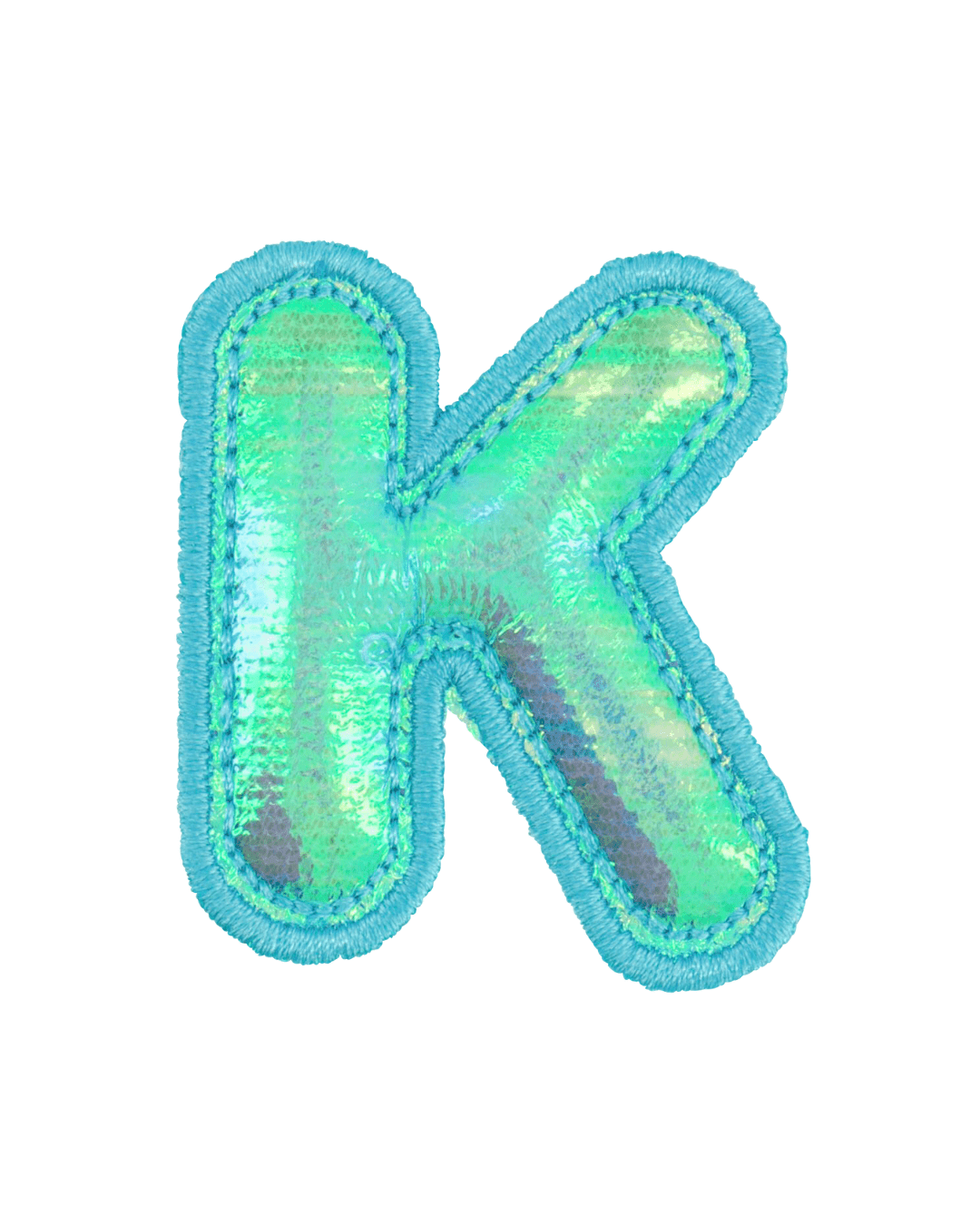 blue holographic puffy letter K patch with stitched border on white background