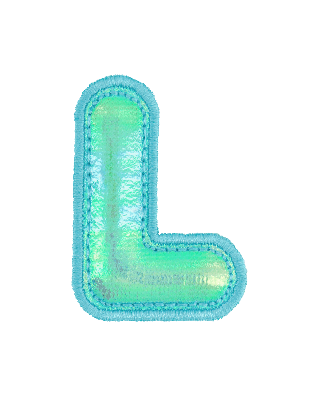 blue holographic puffy letter L patch with stitched border on white background