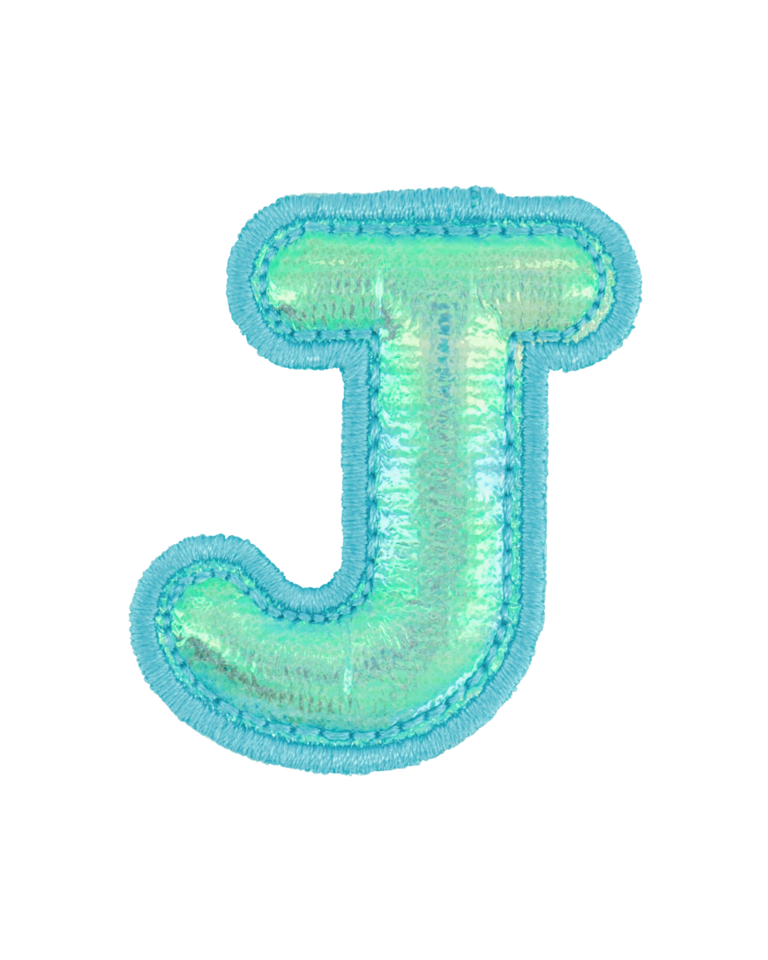 blue holographic puffy letter J patch with stitched border on white background