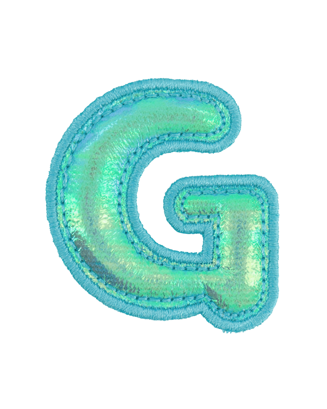 blue holographic puffy letter G patch with stitched border on white background