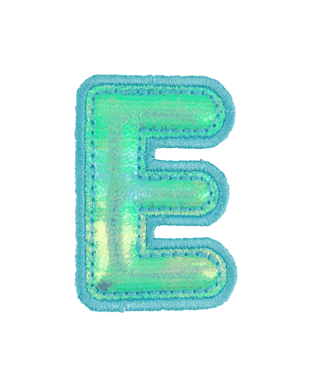blue holographic puffy letter E patch with embroidered edge on white background