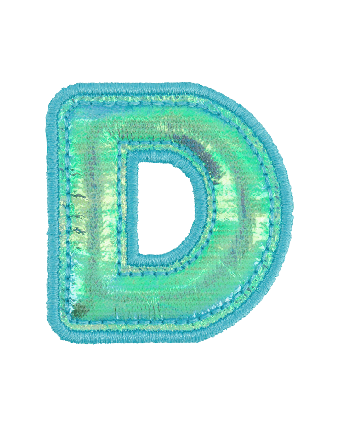 blue holographic puffy letter D patch with embroidered edges on white background