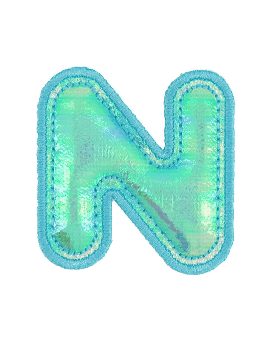 Blue holographic puffy letter N fabric patch on white background