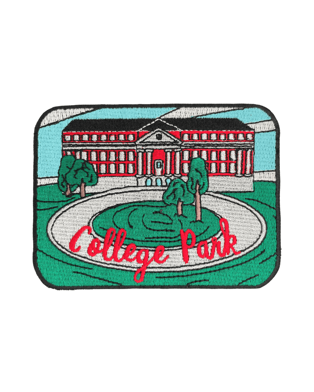 embroidered sticker patch of a red and white building, green lawn, trees, College Park text