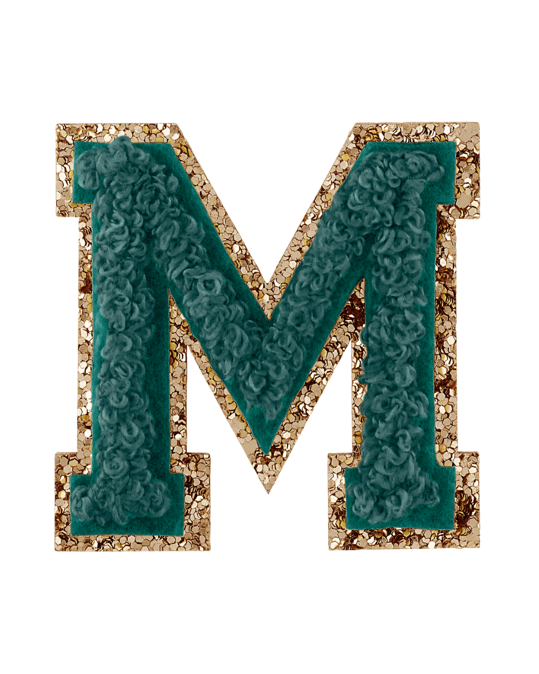 Forest green varsity letter patch with textured fabric and gold glitter border on white background.