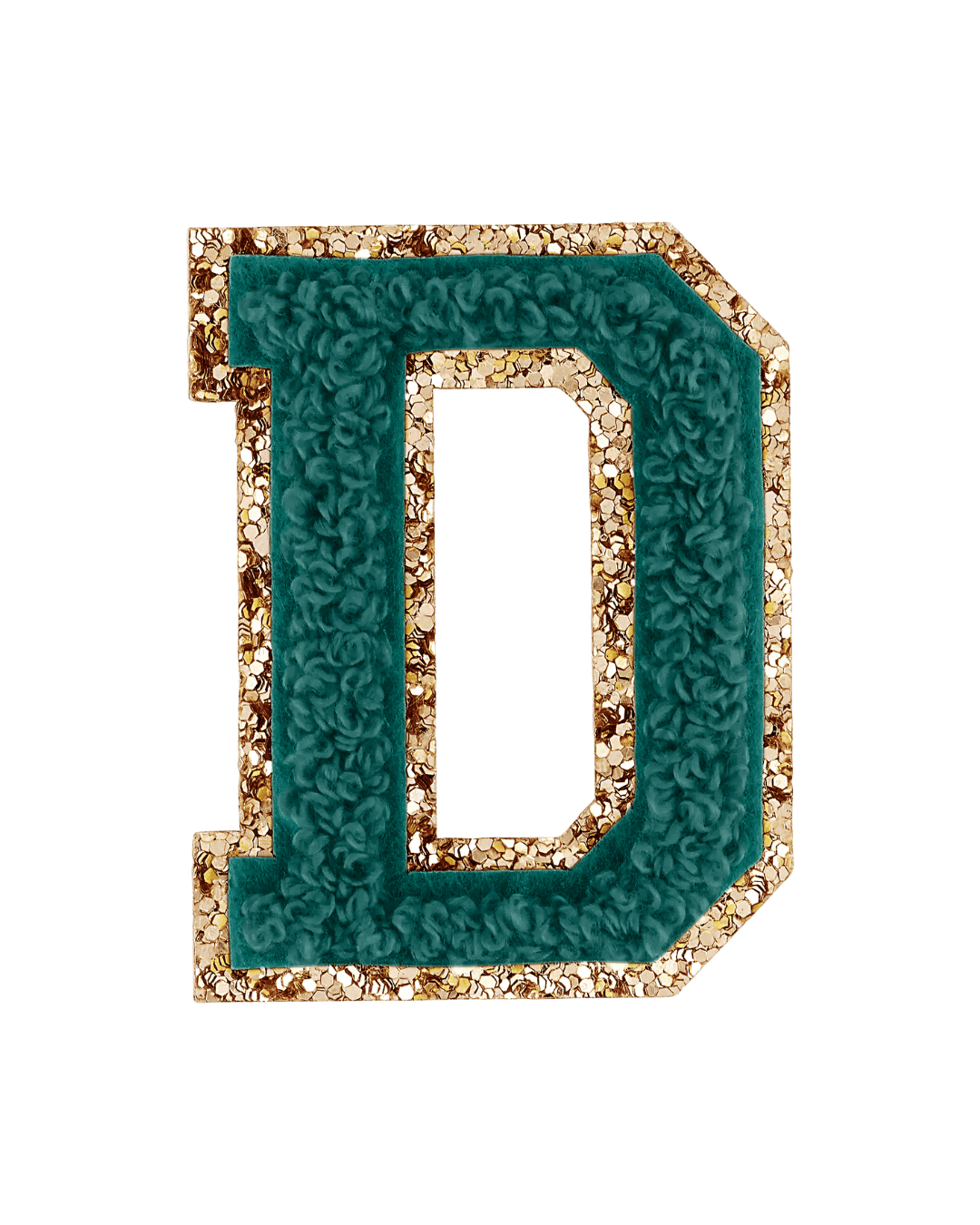 Forest green varsity letter patch with a gold glitter border on a white background