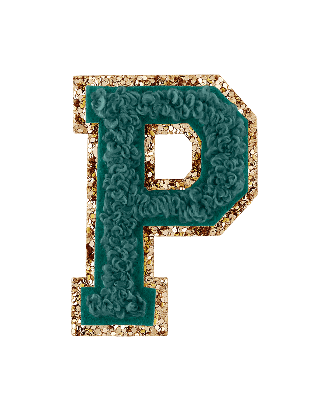 Forest green varsity letter patch with textured fabric and gold glitter border on white background
