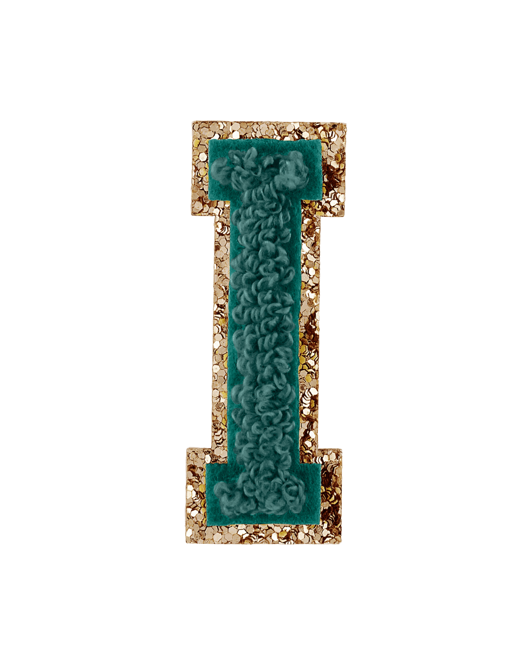 Green varsity letter patch with textured fabric and glitter gold border on white background.