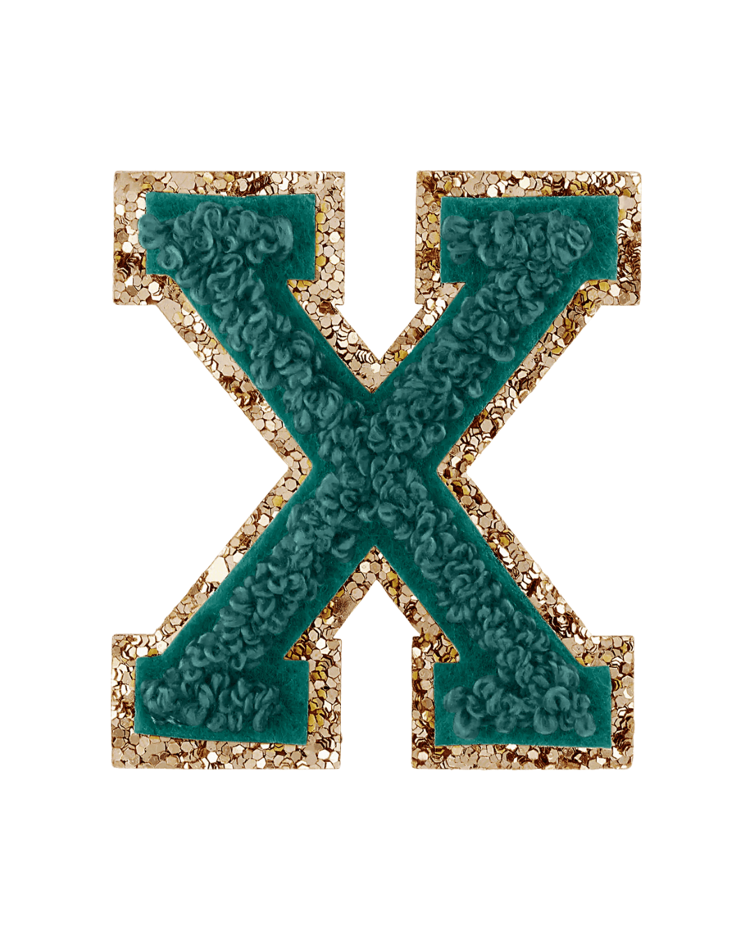 Forest green varsity letter patch with textured fabric and gold glitter border on white background