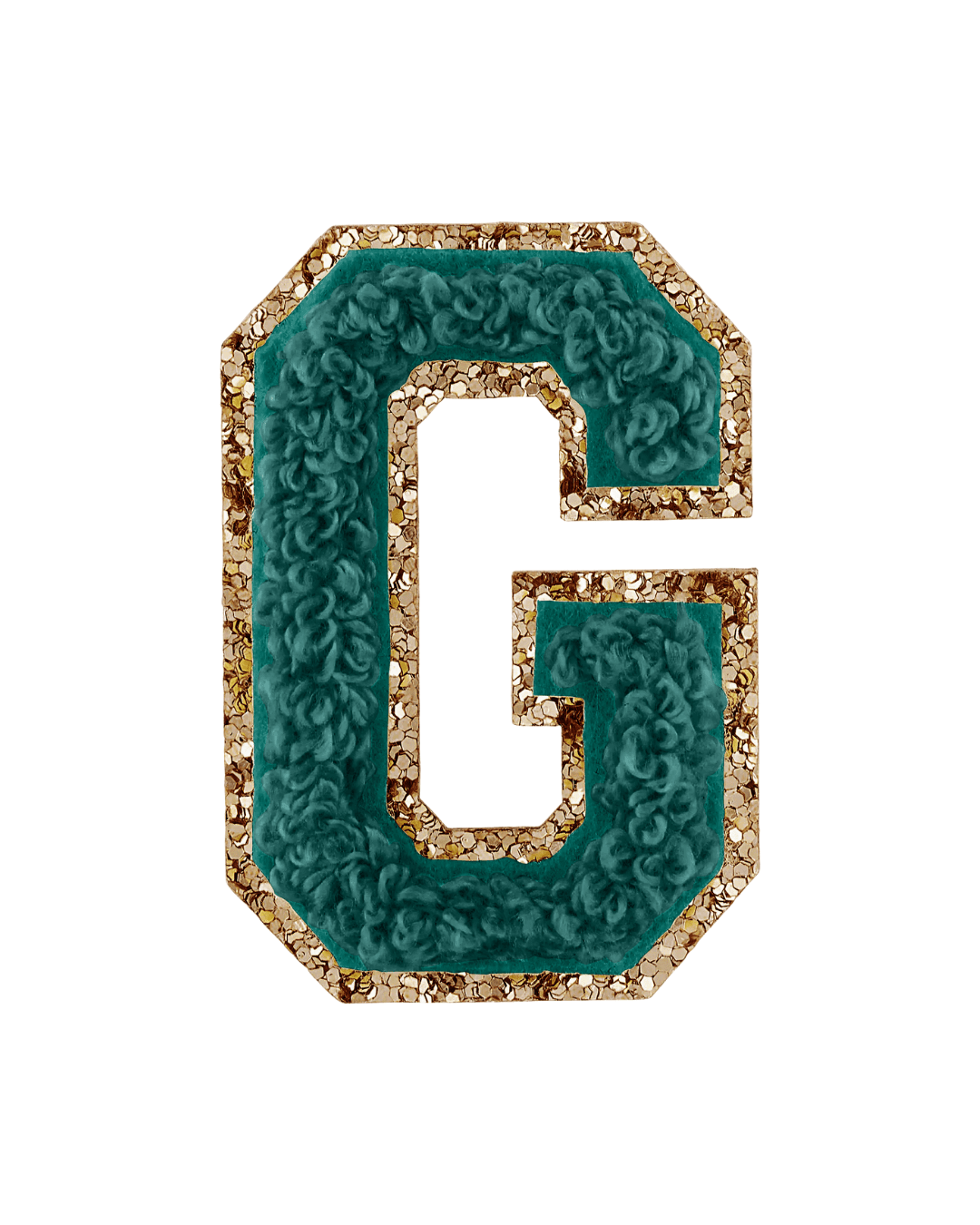 forest green chenille letter G patch with gold glitter border on white background