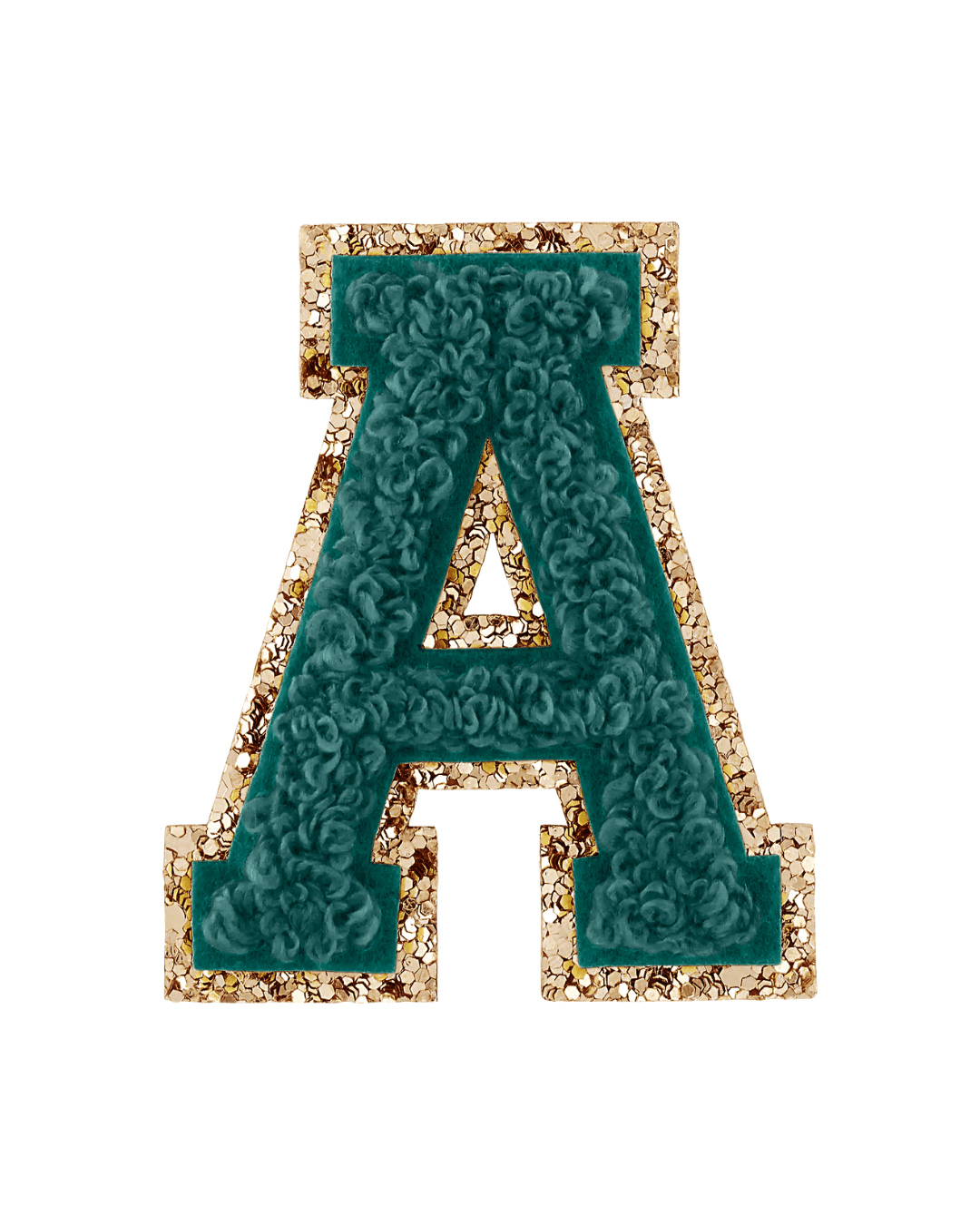 forest green varsity letter patch with fuzzy texture and gold glitter border on white background