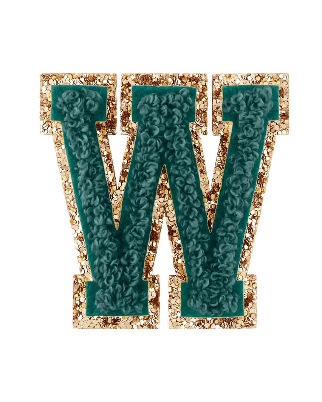 Forest green chenille letter patch with a gold glitter border on a white background