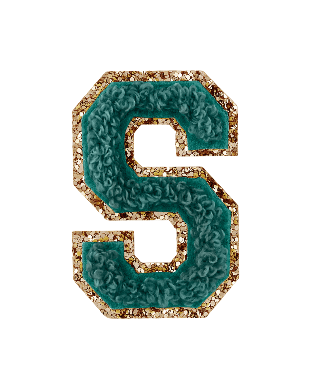Forest green varsity letter patch S with fuzzy texture and gold glitter border on white