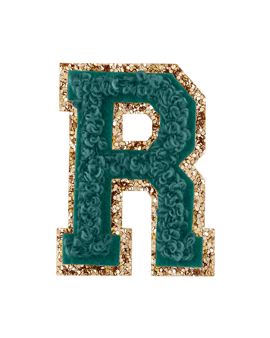 Forest green varsity letter patch with textured fabric and gold glitter border on white background