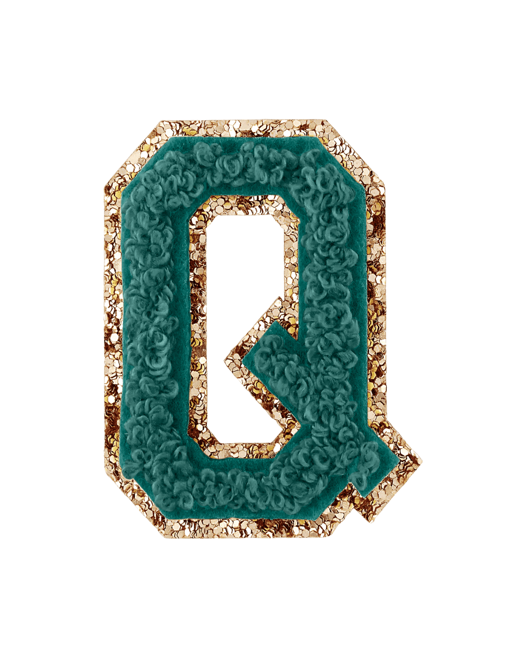 Forest green textured letter Q patch with gold glitter border on white background