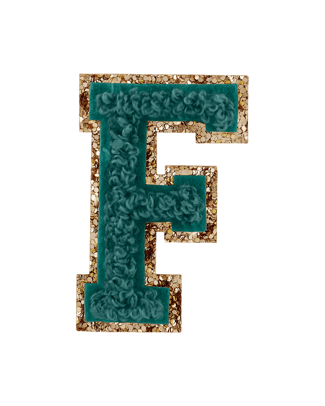 forest green chenille letter F patch with gold glitter border on white background