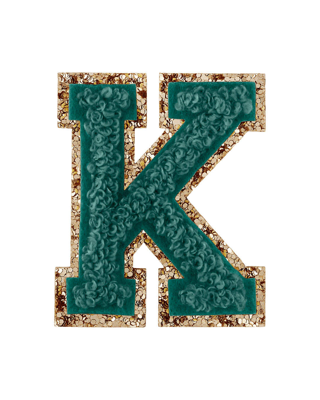 Forest green textured letter K patch with gold glitter border on white background