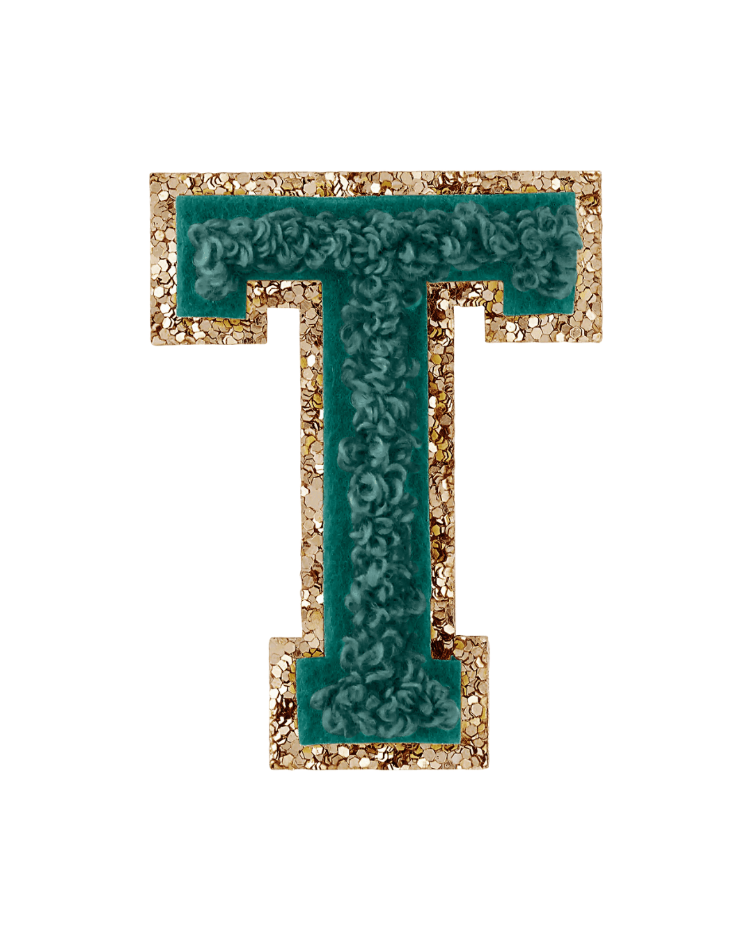 Forest green varsity letter patch with textured fabric and gold glitter border on white background.