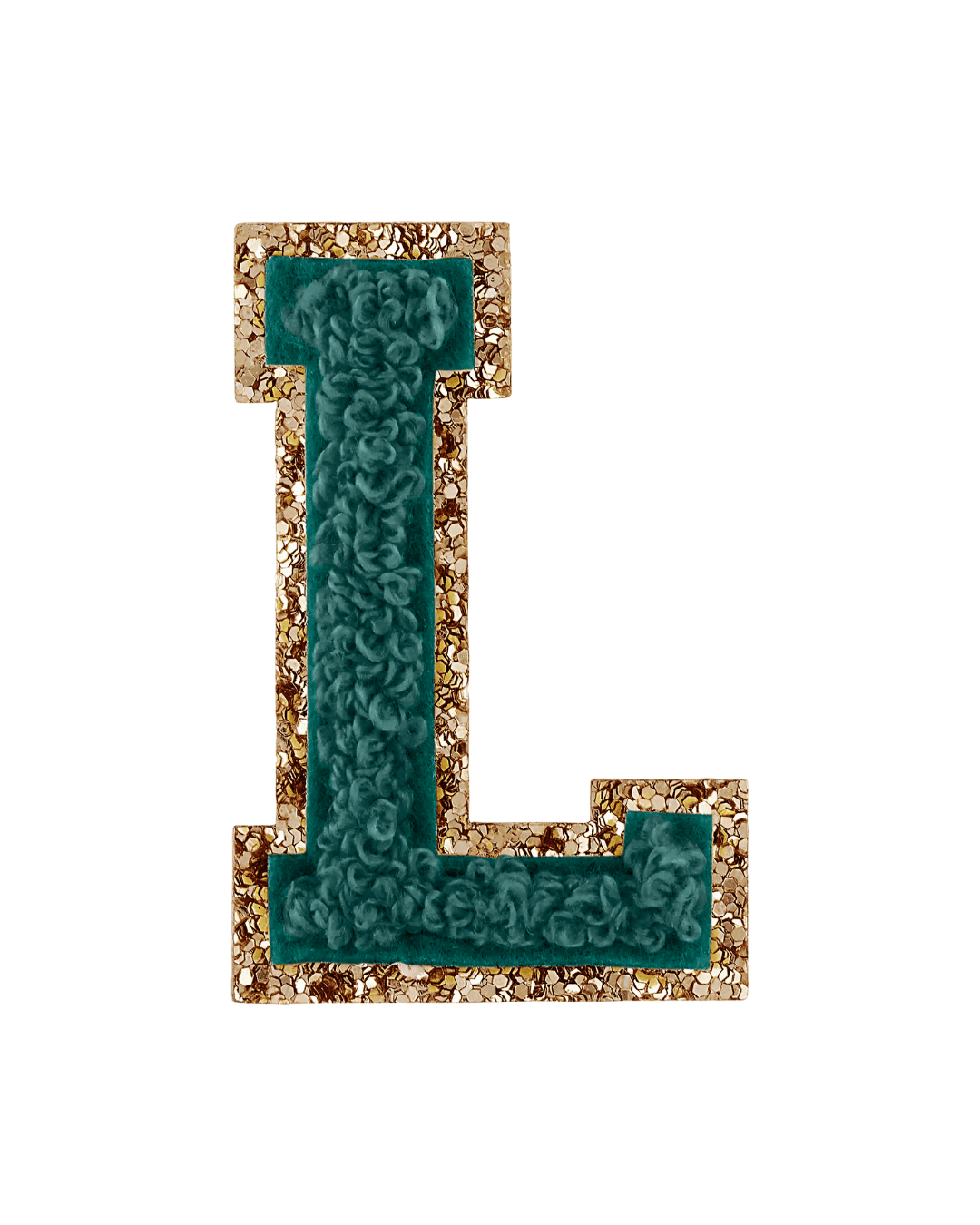 Forest green chenille letter patch with gold glitter border on white background