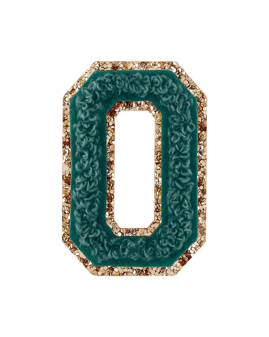 Forest green chenille varsity letter patch with gold glitter border on white background