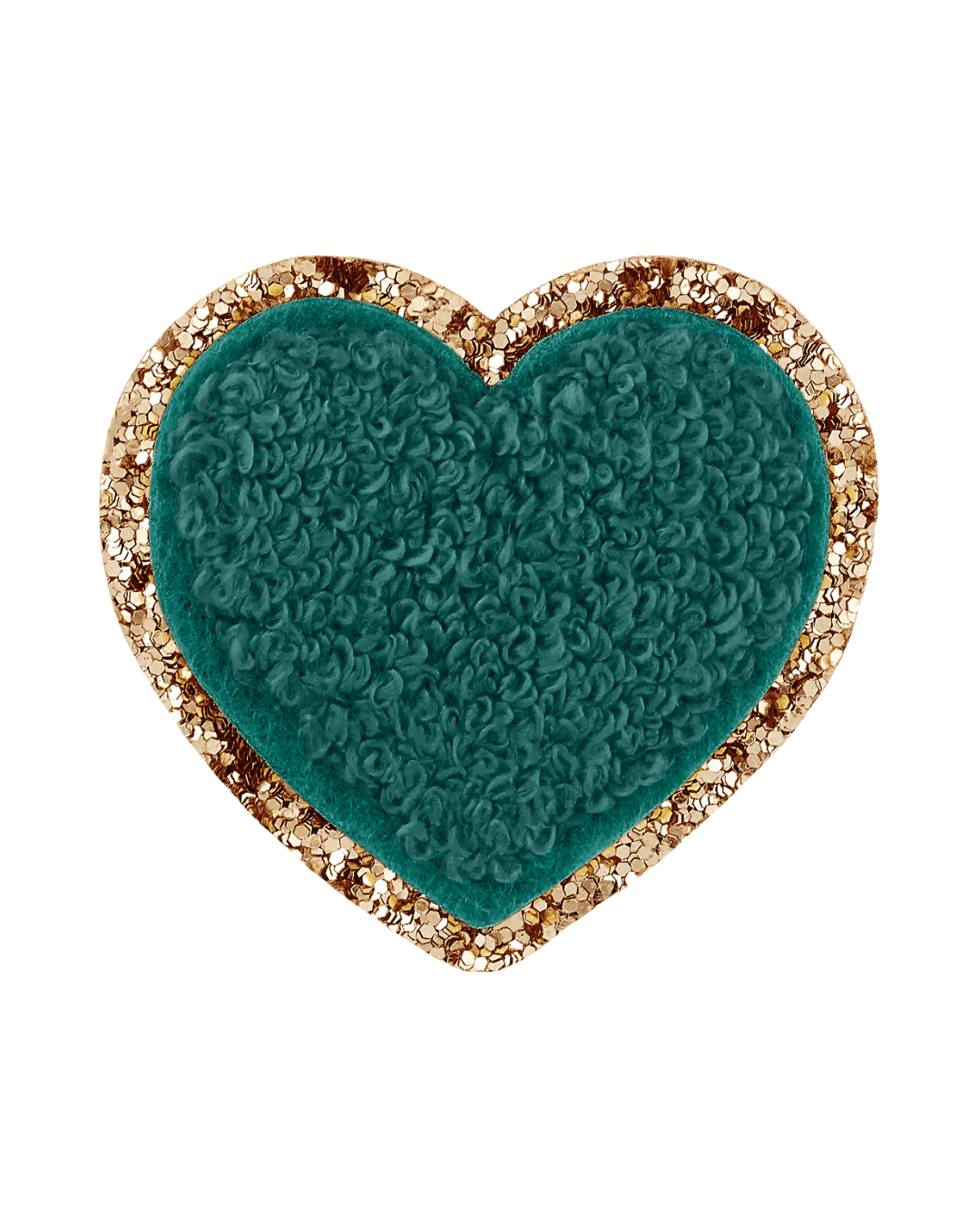 Heart-shaped patch with forest green textured fabric and gold glitter border on white background.