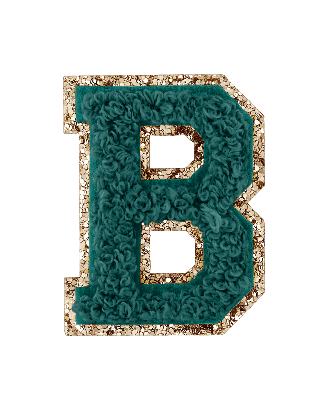 Forest green varsity letter patch with textured fabric and gold glitter border on white background.