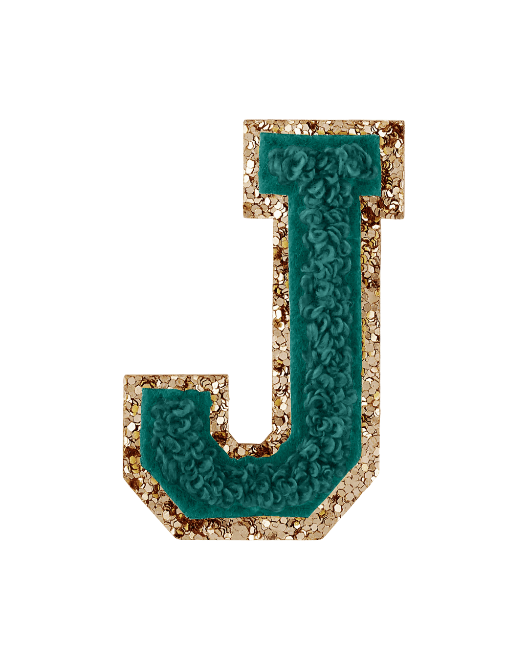 Forest green chenille letter J patch with gold glitter border on white background.